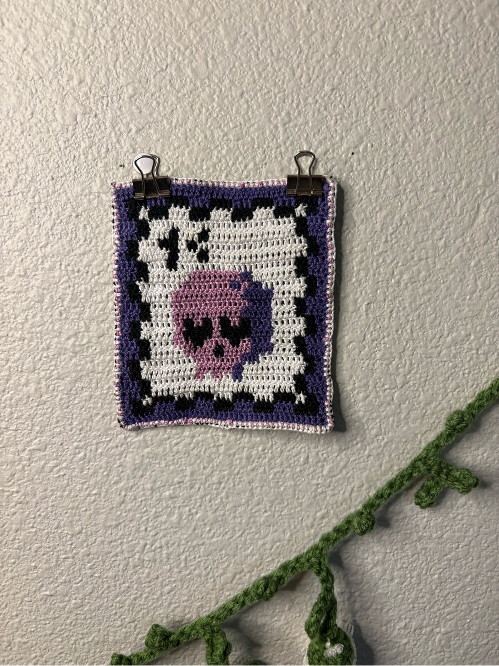 Handmade Purple Skull Crochet Wall Art - Home Art